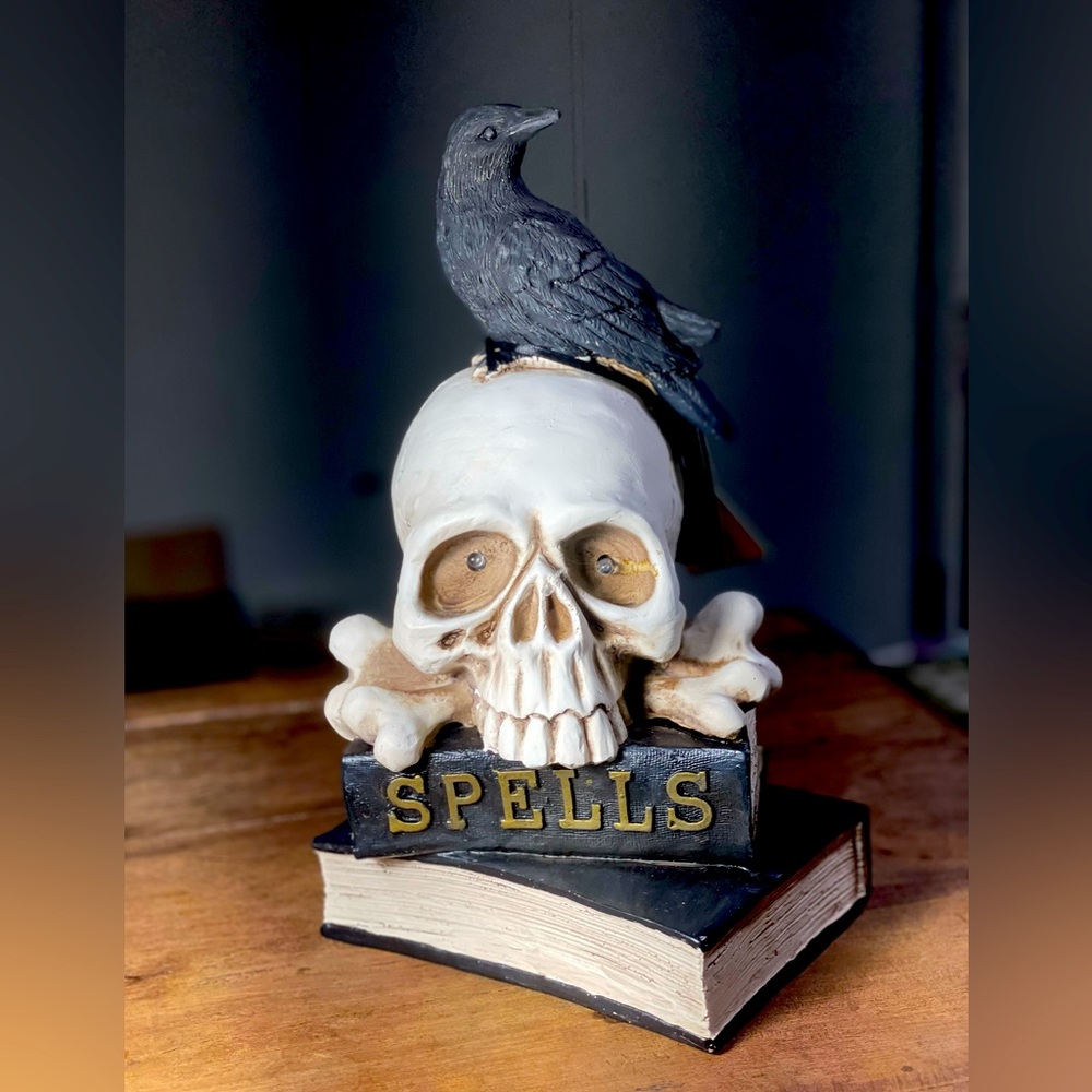Black Crow Skull & books Halloween dark academia light up decor